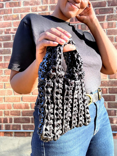 LUFON/ルフォン/CROCHET HAND KNIT MINI BAG  黒 Black Crochet Handbag for Women, Knitted Handle Purse, Handwoven