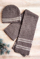 Unfolded taupe scarf with cream accent stripes at ends, with matching hat. thumbnail