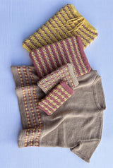 Flat lay of knit tee in a dark beige with striped of yellow and mauve pink at the bottom hem. There are four coordinating device cases/sleeves, ranging from cell phone to laptop size. thumbnail