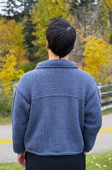 Back view of knit jacket, showing collar, and line of texture across the lower back yoke. thumbnail