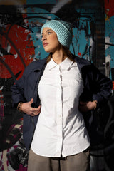 model wearing earflap hat looking to the side thumbnail