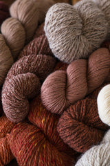 Image of multiple skeins of yarn in different red/brown hues, weights and textures. thumbnail