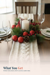 cream knitted cable braid table runner on a dining table set with place settings and bottle brush trees thumbnail