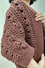 Crochet Cardigan Worn By A Woman Close Up View thumbnail