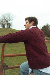 mulberry wool cable-knit men's sweater thumbnail