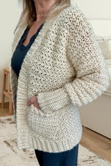 left side view of cream crochet cardigan thumbnail