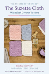 handmade lavender crochet spa set including a washcloth, lather sack and facial scrubby thumbnail