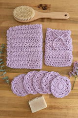 handmade lavender crochet spa set including a washcloth, lather sack and facial scrubby thumbnail