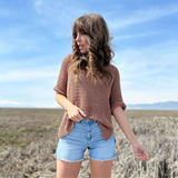 Woman wearing tee made with 24/7 DK yarn thumbnail