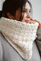 Woman wears white crochet cowl thumbnail