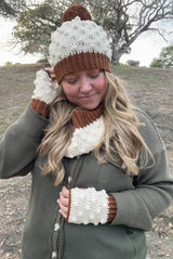 Woman wears brown & cream crochet set of hat, cowl, and mitts.  thumbnail
