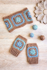 Tan, aqua, and pale blue crochet headband and mitts made of granny squares.  thumbnail