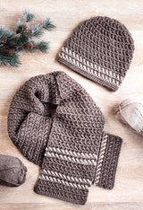 Taupe crochet hat and scarf with cream stripes, laid flat on wood table.  thumbnail