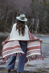 Back view of knitted wrap, showing cream & silver section in middle.  thumbnail