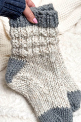 Chunky knit socks with textured cuff and contrasting cuff, heel, and toes.  thumbnail