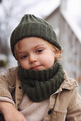 Toddler wears knit hat and matching cowl in dark olive green  thumbnail