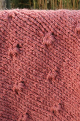 Close up of knot texture on a knitted pink blanket.  thumbnail