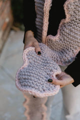 Close up of garter stitch texture and contrast trim on zig zag scarf.  thumbnail