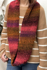 Front view of infinity scarf/log cowl crocheted in shades of pink and orange.  thumbnail