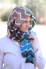 Crochet chevron wrap worn as hood, with ends wrapped around neck.  thumbnail