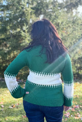 Back view of colorblock sweater in emerald green and cream. thumbnail