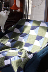 Crochet blanket with blocks of solid green and mixed blocks of navy, pale blue, and white. A cat perches on the arm of the chair.  thumbnail