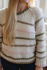 Front view of cream knit sweater with textured stripes of olive and pink.  thumbnail