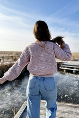 Back view of crochet textured sweater.  thumbnail