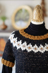Close up of colorwork yoke of sweater, worn by dress form thumbnail