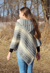 Back view of crochet poncho with hood, worn down.  thumbnail
