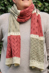 Knit lace wrap worn as scarf, wrapped around woman's neck. The ends hang to her waist.  thumbnail