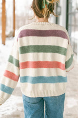 Back view of striped sweater, showing dropped sleeve construction and positive ease. The sweater is knit in cream, dusty purple, sage green, peach, and sky blue.  thumbnail