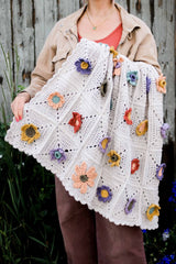 Woman in tan jacket and brown pants holds a small crochet blanket over her arm. The blanket is made of white squares with multicolored 3-D flowers.  thumbnail