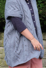 Side view of knit lace cardigan vest.  thumbnail