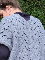 Back view of cardigan vest, showing seam between two panels and v-neck at back neck.  thumbnail