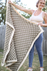 Woman standing in backyard holds throw blanket out to the side, and the bottom is rippled in the wind. The blanket is reversible and uses mosaic crochet to create a geometric pattern in cream and olive green.  thumbnail