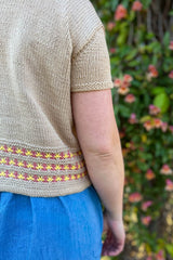 Back view of knit tee, showing cap sleeve construction and three colorwork bands at lower hem.  thumbnail
