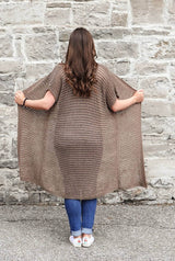 Back view of long knit cardigan. It hangs to the upper calf and is semi-sheer with all over eyelets.  thumbnail