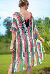 Back view of crochet poncho coverup, showing deep V and tie to secure back.  thumbnail