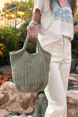Back view of tote bag, showing open lattice bag body, with solid top and bottom, and short handles.  thumbnail