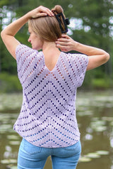 Back view of purple crochet top with v-neck shaping.  thumbnail