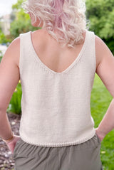 Back view of knit tank top, showing shallow v-neck shaping on back, to match front. Tank has a narrow ribbed lower hem.  thumbnail