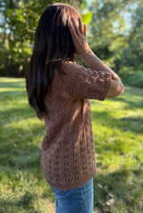 Side back view of short sleeve open cardigan, showing delicate all-over lace pattern.  thumbnail