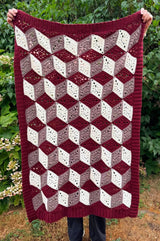 Figure holds a crochet afghan above their head, toward camera. The blanket is worked in burgundy, cream and taupe in diamond shapes arranged to make a 3D effect. It has a ribbed border in burgundy all the way around.  thumbnail