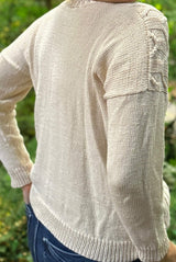 Back side view of knit cream sweater, showing plain back, drop shoulder, and ribbed hem and sleeve cuffs.  thumbnail