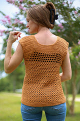 Back view of crochet summer top, showing mesh panel across back shoulders.  thumbnail