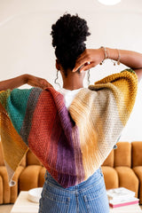 Back view of triangular shawl, worked in a self-striping yarn. The yarn has yellow, tan, purple, rust, and teal. The shawl is made in sections of different tunisian stitch patterns.  thumbnail