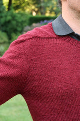Clos eup of front shoulder, showing ribbed collar, saddle shoulder, and increases.  thumbnail