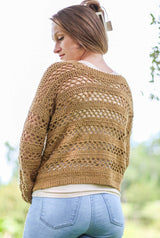 Back view of crochet cardigan, showing alternating bands of solid fabric and lace. Cardigan has ribbed lower band and neck band.  thumbnail