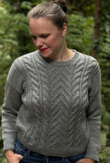 Cropped front view of grey knit sweater showing cable panel on front.  thumbnail